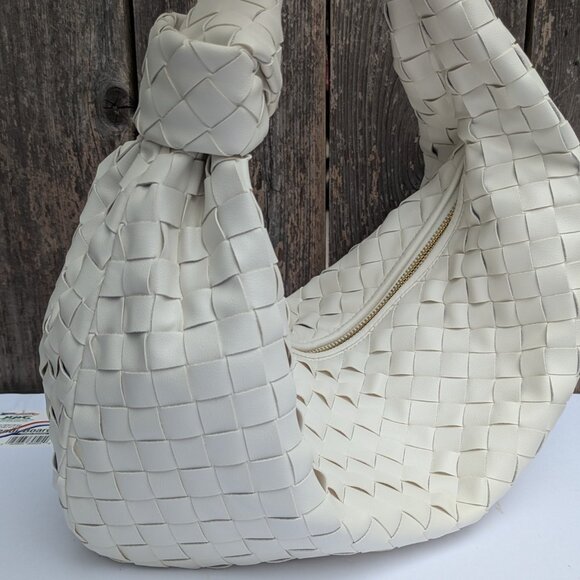 White Leather Shoulder Hand Bag – Chic Bottega Style, Woven Knot Handle NW - Picture 10 of 10